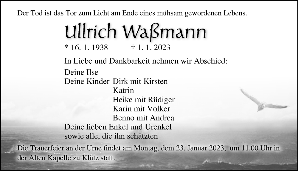  Traueranzeige für Ullrich Waßmann vom 17.01.2023 aus Ostsee-Zeitung GmbH