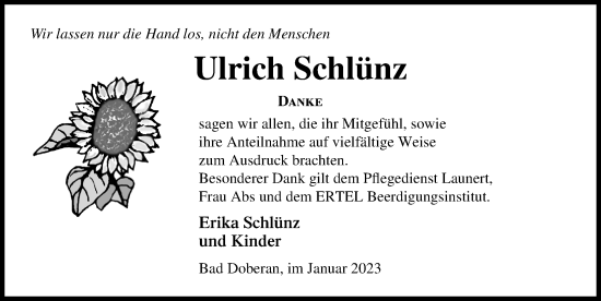 Traueranzeige von Ulrich Schlünz von Ostsee-Zeitung GmbH