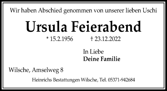 Traueranzeige von Ursula Feierabend von Aller Zeitung