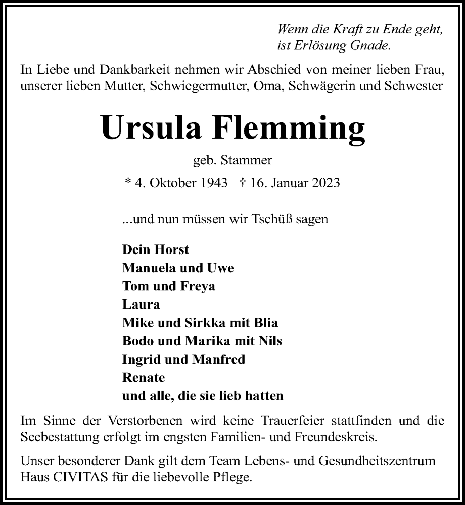  Traueranzeige für Ursula Flemming vom 22.01.2023 aus Lübecker Nachrichten