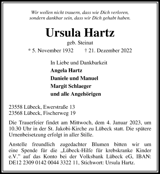 Traueranzeige von Ursula Hartz von Lübecker Nachrichten