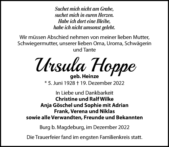 Traueranzeige von Ursula Hoppe von Leipziger Volkszeitung