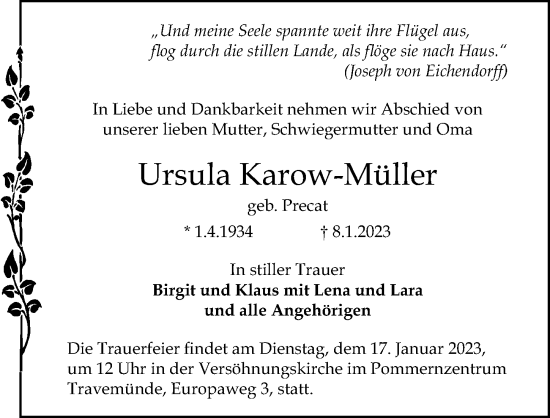 Traueranzeige von Ursula Karow-Müller von Lübecker Nachrichten