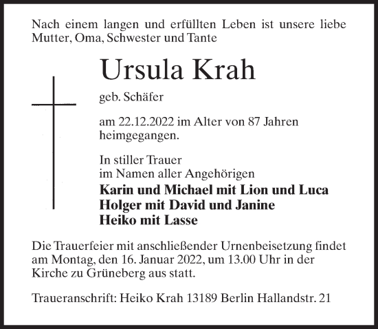 Traueranzeige von Ursula Krah von Märkischen Allgemeine Zeitung