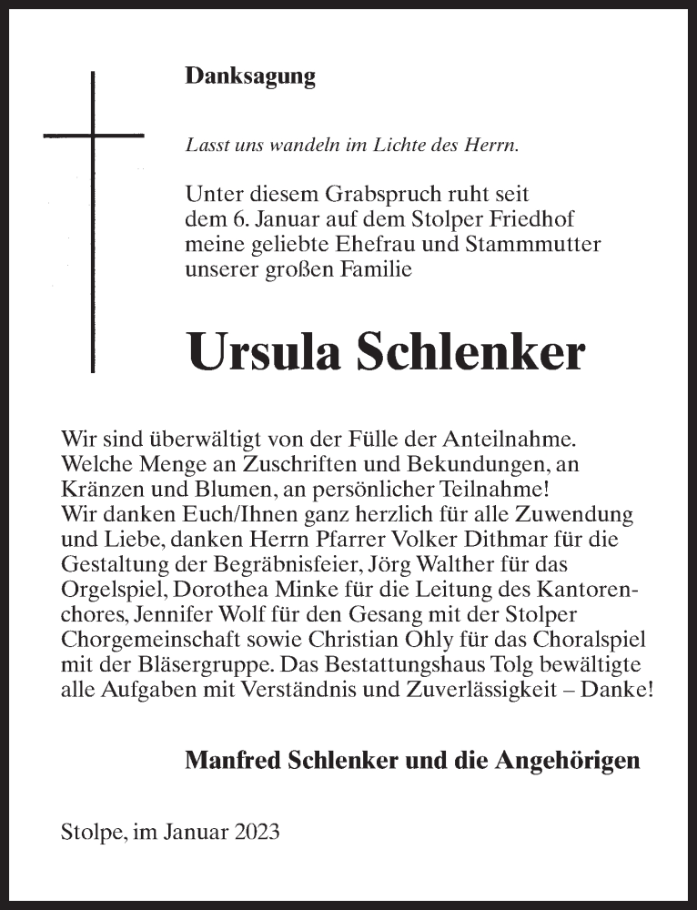  Traueranzeige für Ursula Schlenker vom 14.01.2023 aus Märkischen Allgemeine Zeitung