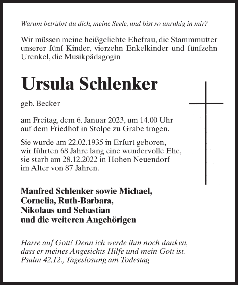  Traueranzeige für Ursula Schlenker vom 03.01.2023 aus Märkischen Allgemeine Zeitung