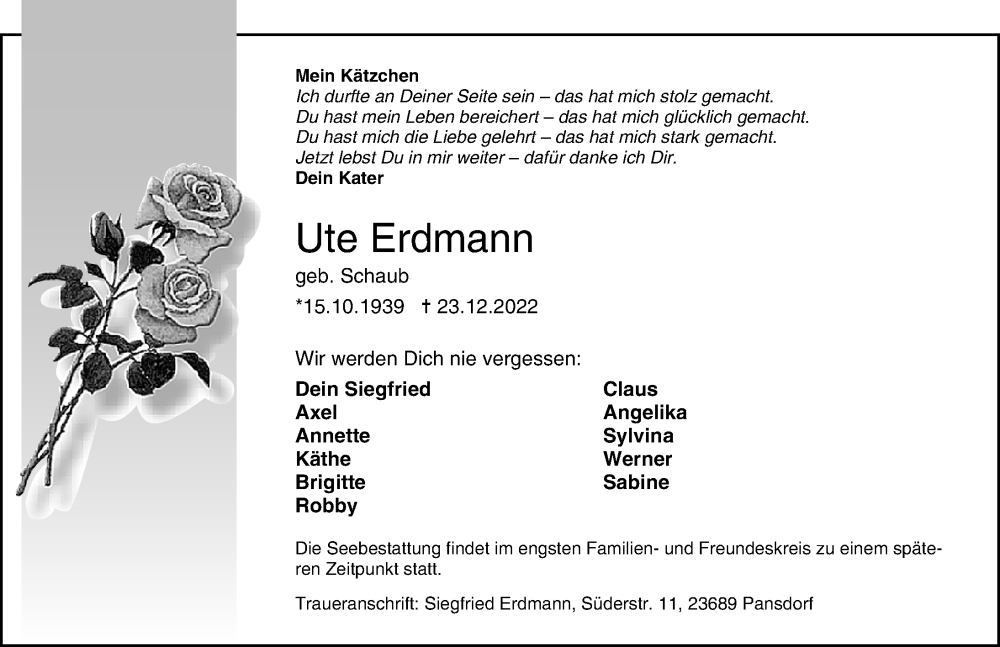  Traueranzeige für Ute Erdmann vom 08.01.2023 aus Lübecker Nachrichten