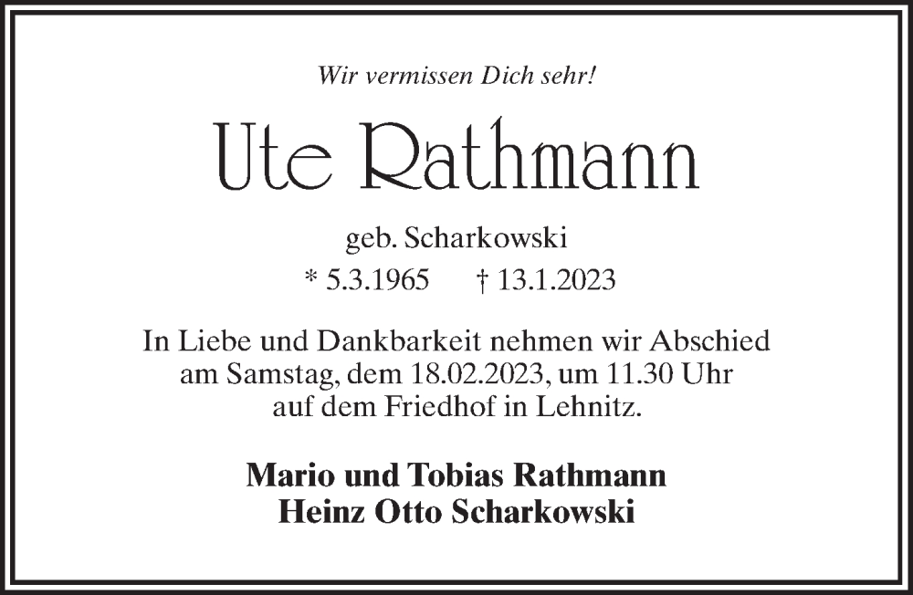  Traueranzeige für Ute Rathmann vom 28.01.2023 aus Märkischen Allgemeine Zeitung