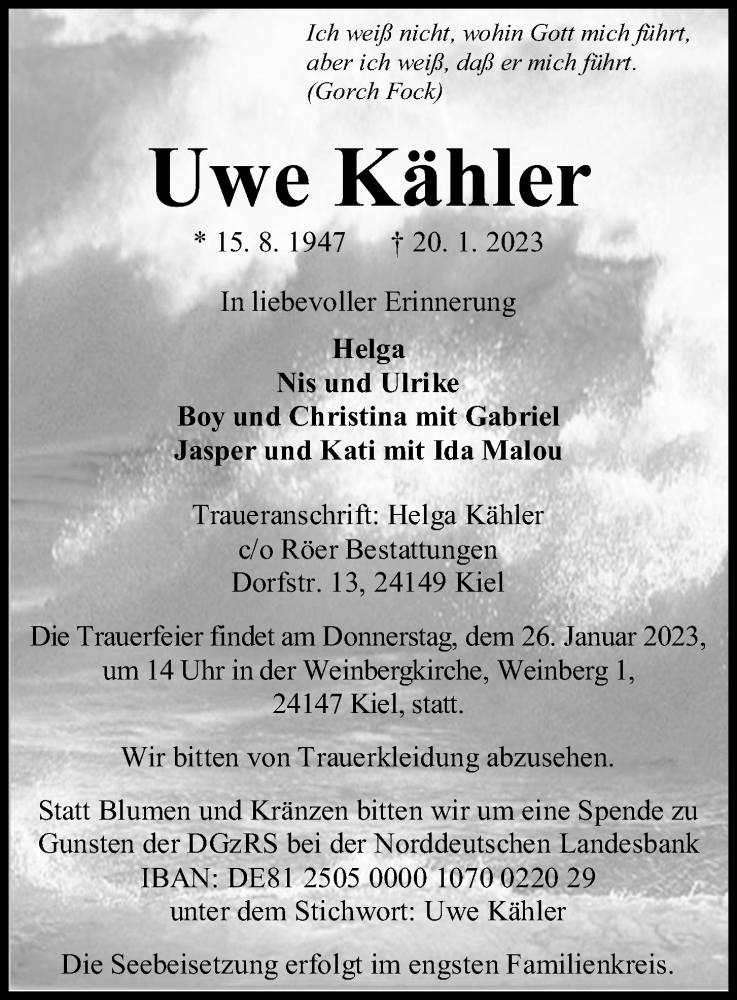  Traueranzeige für Uwe Kähler vom 25.01.2023 aus Kieler Nachrichten