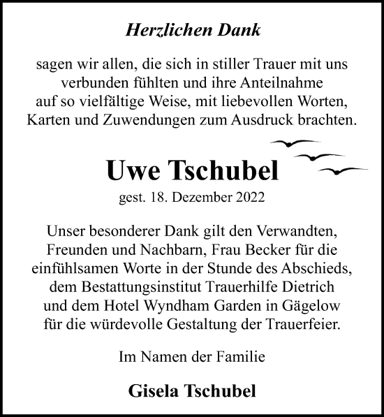 Traueranzeige von Uwe Tschubel von Ostsee-Zeitung GmbH
