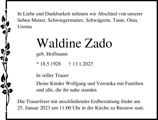 Traueranzeige von Waldine Zado von Ostsee-Zeitung GmbH