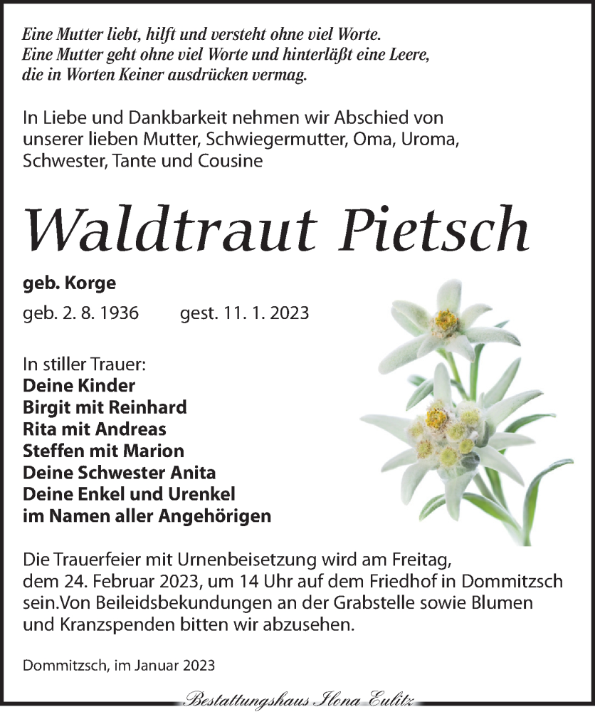  Traueranzeige für Waldtraut Pietsch vom 21.01.2023 aus Torgauer Zeitung
