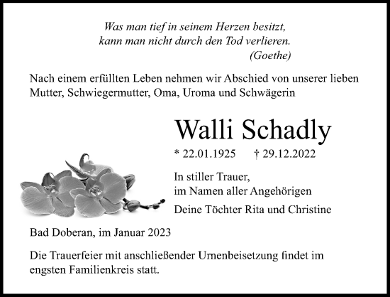 Traueranzeige von Walli Schadly von Ostsee-Zeitung GmbH