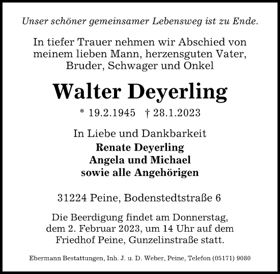 Traueranzeige von Walter Deyerling von Peiner Allgemeine Zeitung