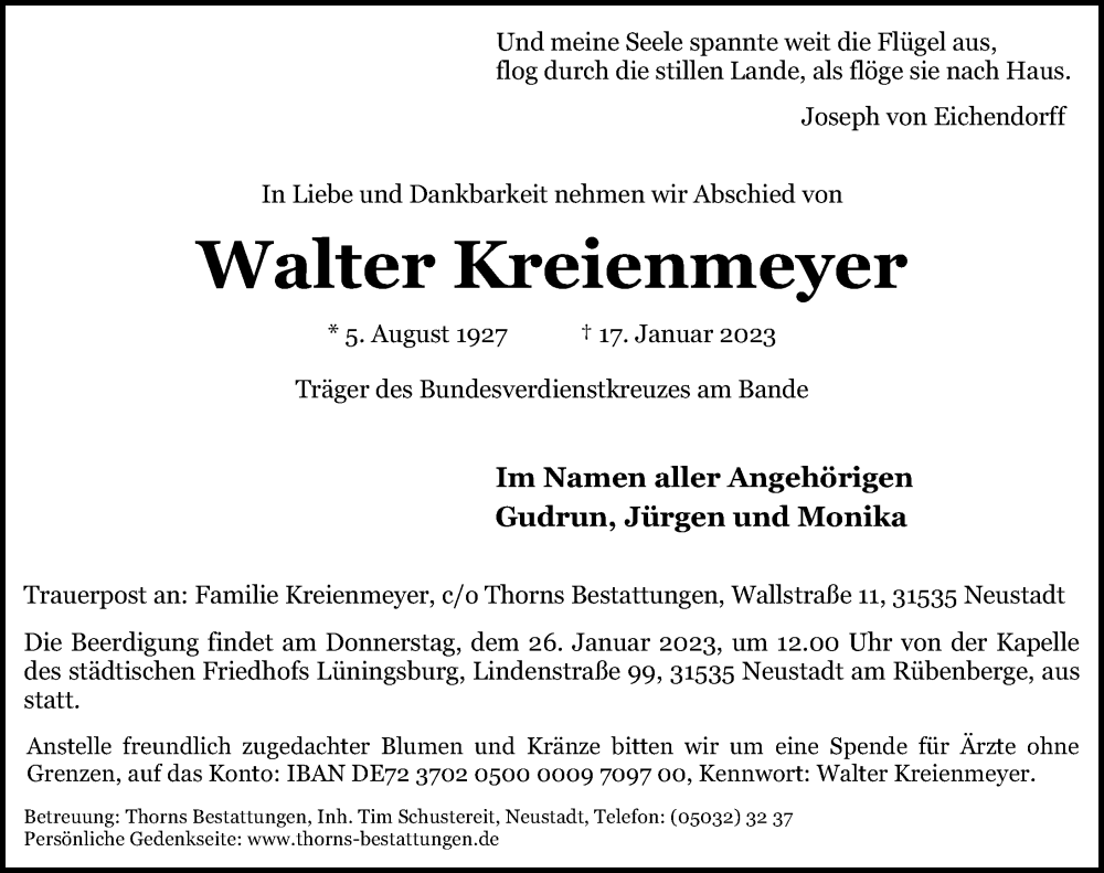  Traueranzeige für Walter Kreienmeyer vom 21.01.2023 aus Hannoversche Allgemeine Zeitung/Neue Presse