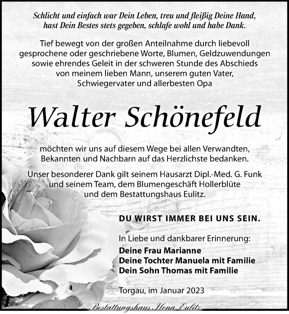  Traueranzeige für Walter Schönefeld vom 28.01.2023 aus Torgauer Zeitung