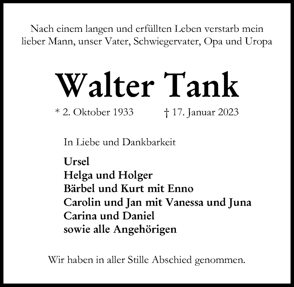  Traueranzeige für Walter Tank vom 21.01.2023 aus Kieler Nachrichten