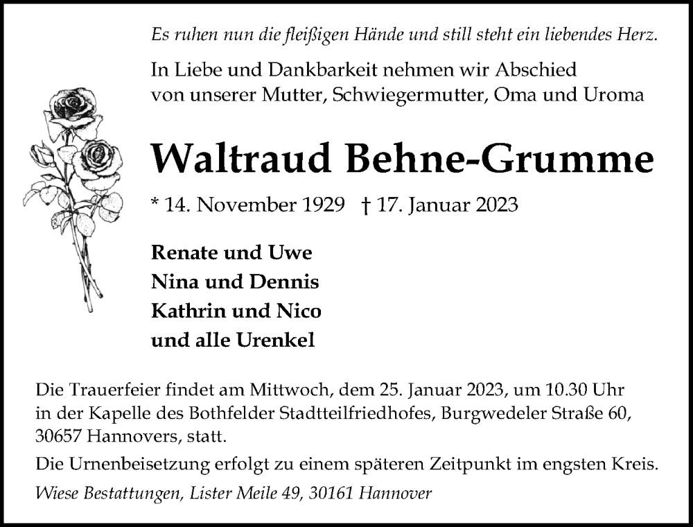  Traueranzeige für Waltraud Behne-Grumme vom 21.01.2023 aus Hannoversche Allgemeine Zeitung/Neue Presse