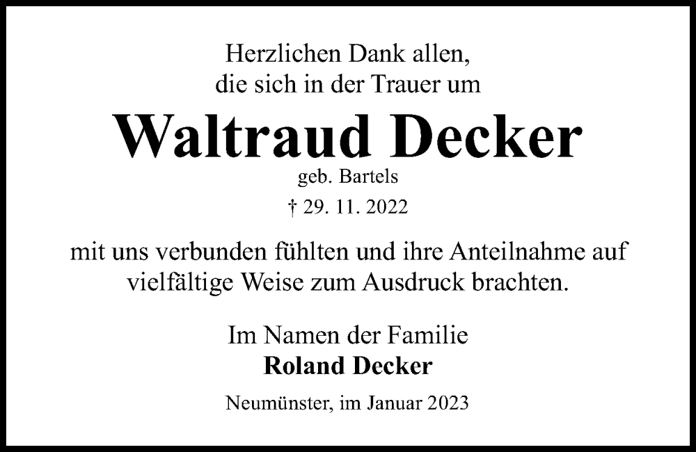  Traueranzeige für Waltraud Decker vom 14.01.2023 aus Kieler Nachrichten