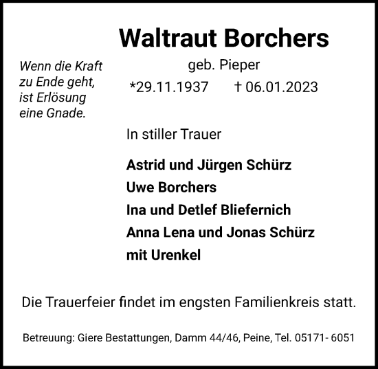 Traueranzeige von Waltraut Borchers von Peiner Allgemeine Zeitung