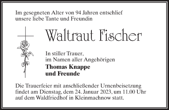 Traueranzeige von Waltraut Fischer von Märkischen Allgemeine Zeitung