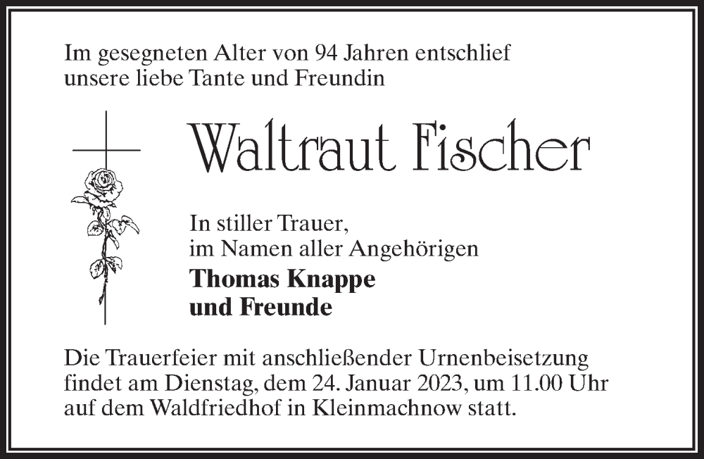  Traueranzeige für Waltraut Fischer vom 14.01.2023 aus Märkischen Allgemeine Zeitung