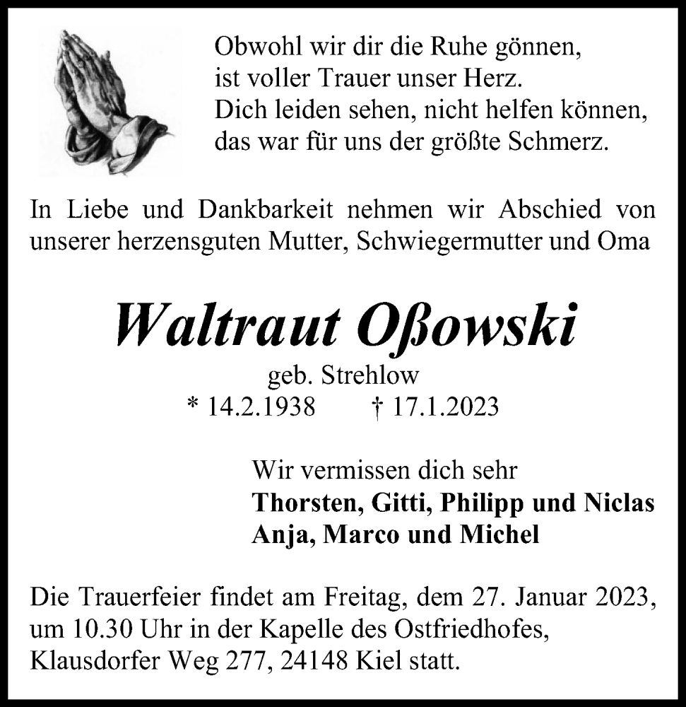  Traueranzeige für Waltraut Oßowski vom 21.01.2023 aus Kieler Nachrichten