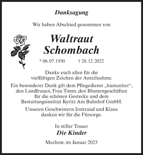 Traueranzeige von Waltraut Schombach von Märkischen Allgemeine Zeitung