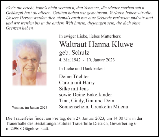 Traueranzeige von Waltraut Hanna Kluwe von Ostsee-Zeitung GmbH