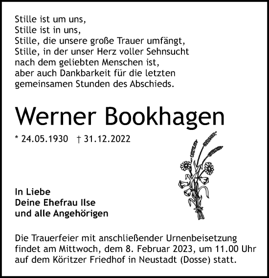 Traueranzeige von Werner Bookhagen von Märkischen Allgemeine Zeitung
