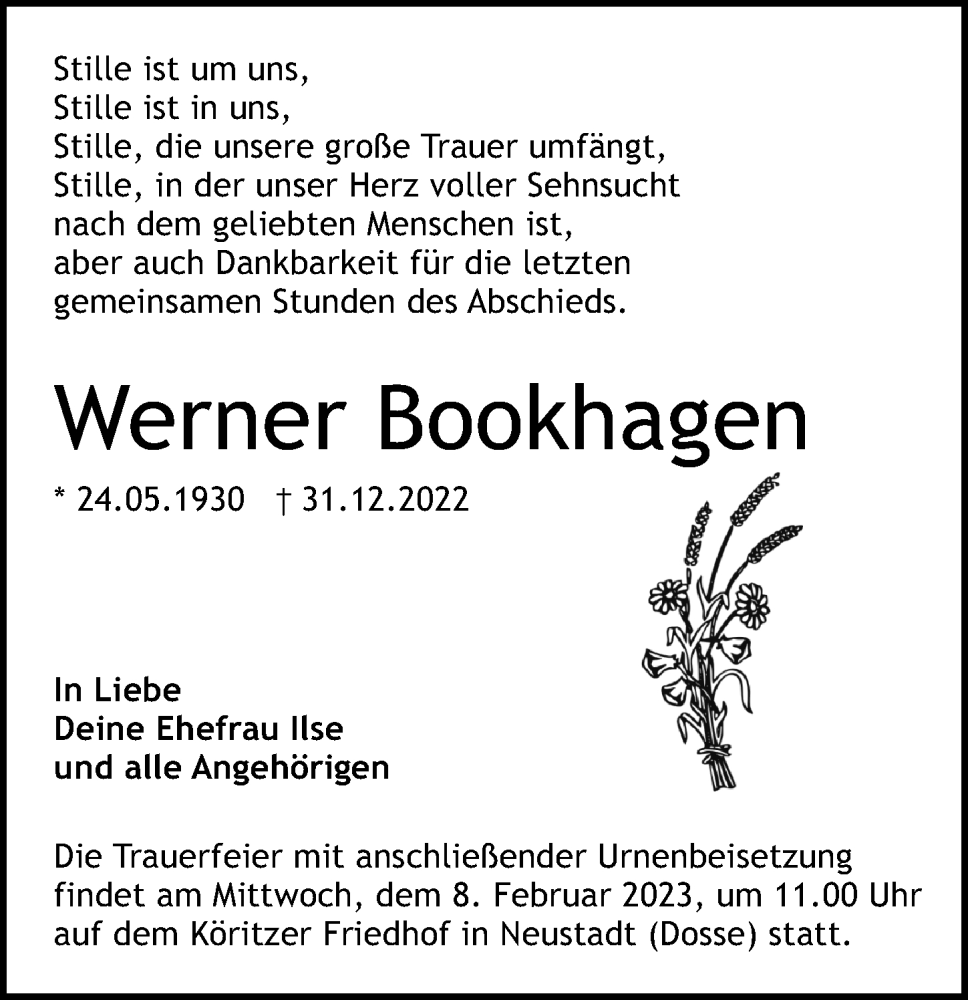  Traueranzeige für Werner Bookhagen vom 28.01.2023 aus Märkischen Allgemeine Zeitung