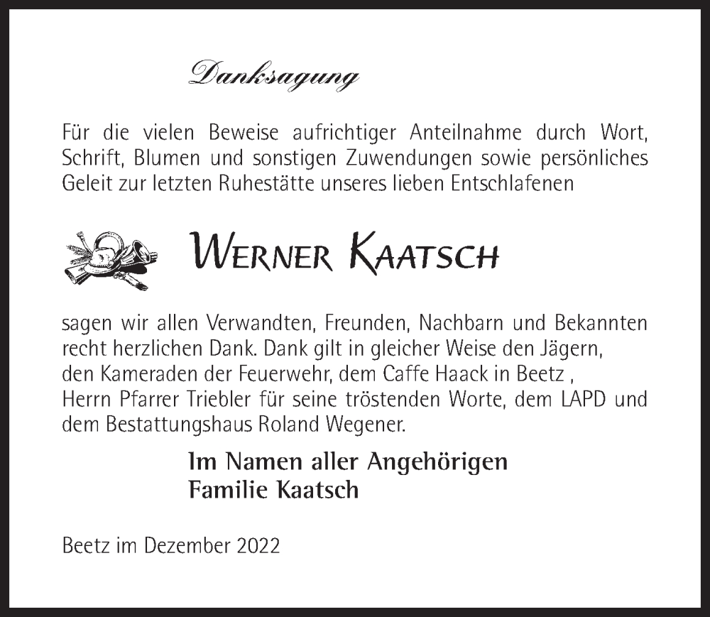  Traueranzeige für Werner Kaatsch vom 07.01.2023 aus Märkischen Allgemeine Zeitung