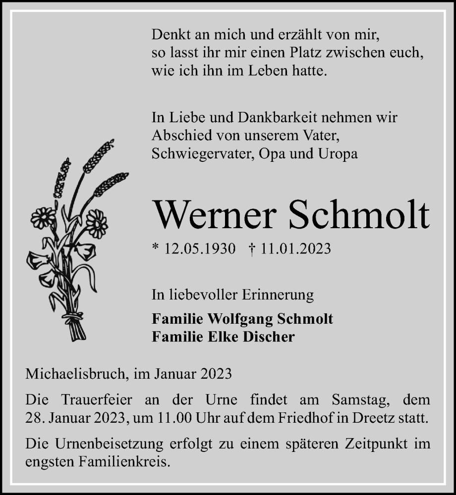  Traueranzeige für Werner Schmolt vom 14.01.2023 aus Märkischen Allgemeine Zeitung