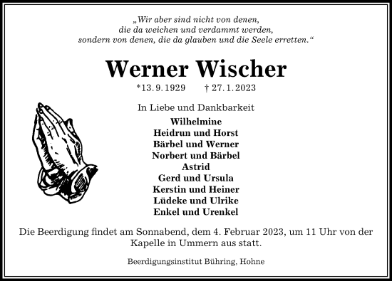 Traueranzeige von Werner Wischer von Aller Zeitung