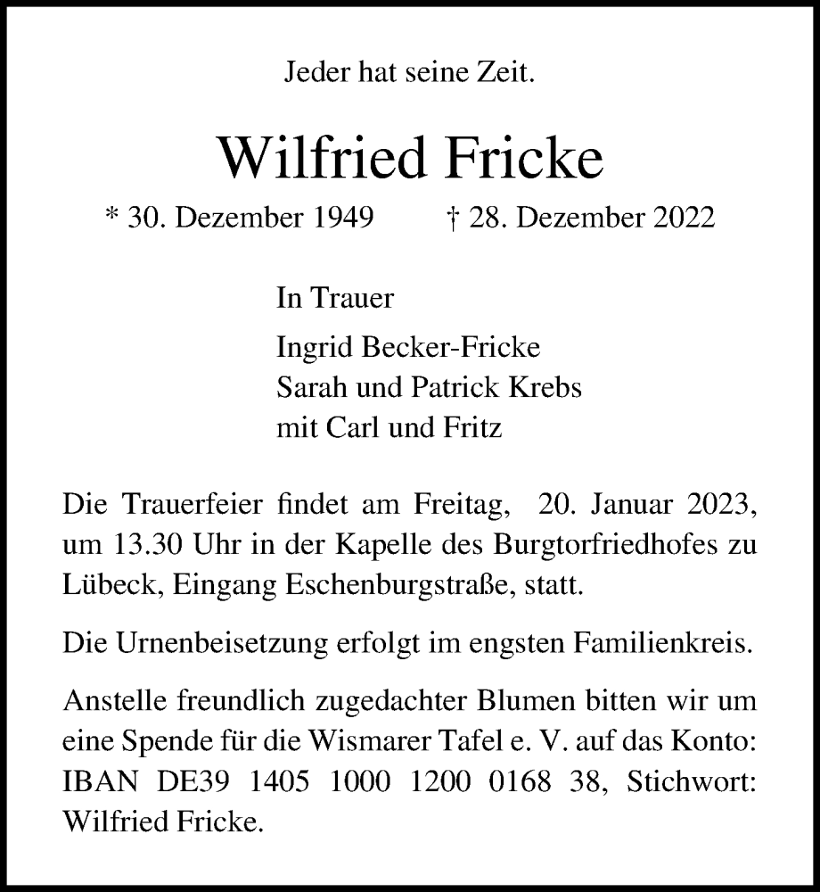  Traueranzeige für Wilfried Fricke vom 15.01.2023 aus Lübecker Nachrichten