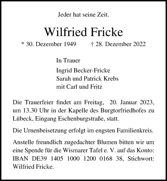 Traueranzeige von Wilfried Fricke von Lübecker Nachrichten