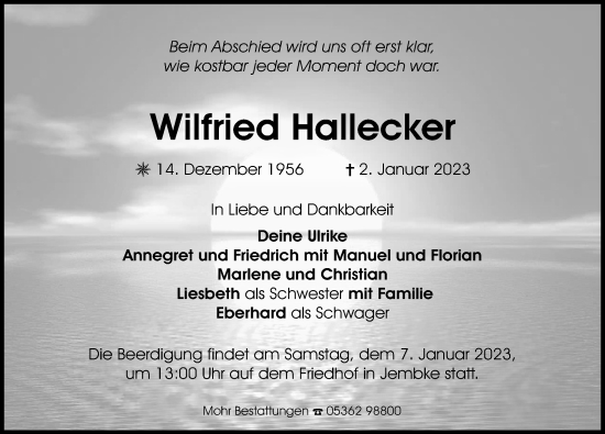 Traueranzeige von Wilfried Hallecker von Aller Zeitung