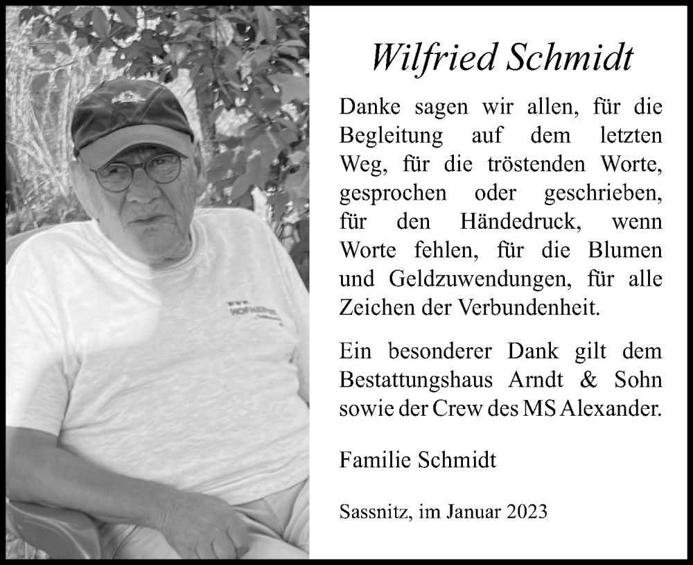  Traueranzeige für Wilfried Schmidt vom 07.01.2023 aus Ostsee-Zeitung GmbH