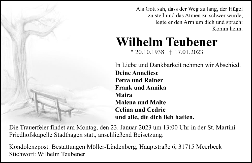  Traueranzeige für Wilhelm Teubener vom 19.01.2023 aus Schaumburger Nachrichten