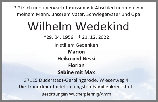 Traueranzeige von Wilhelm Wedekind von Eichsfelder Tageblatt