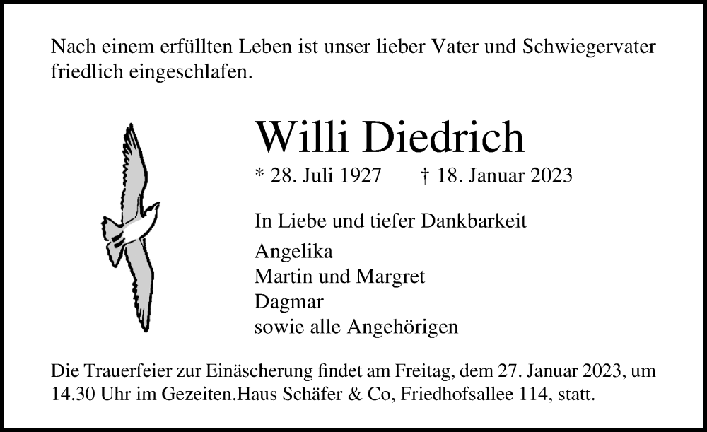  Traueranzeige für Willi Diedrich vom 22.01.2023 aus Lübecker Nachrichten