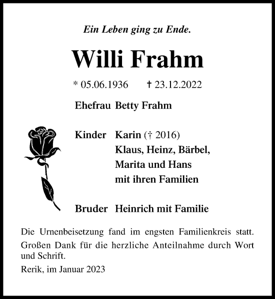 Traueranzeige von Willi Frahm von Ostsee-Zeitung GmbH