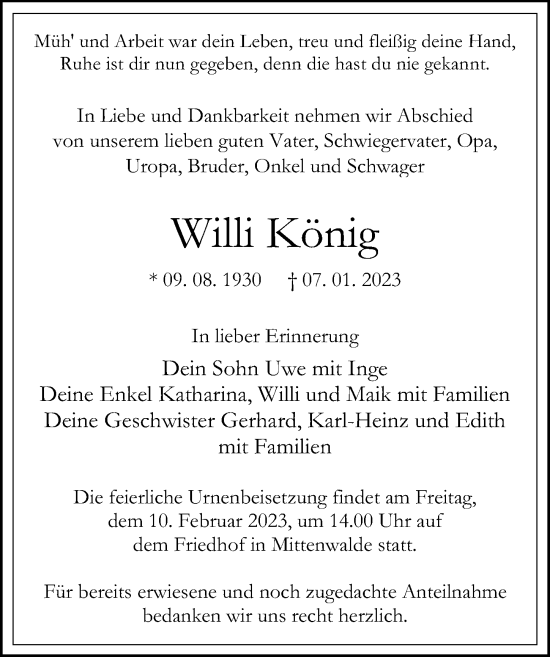 Traueranzeige von Willi König von Märkischen Allgemeine Zeitung