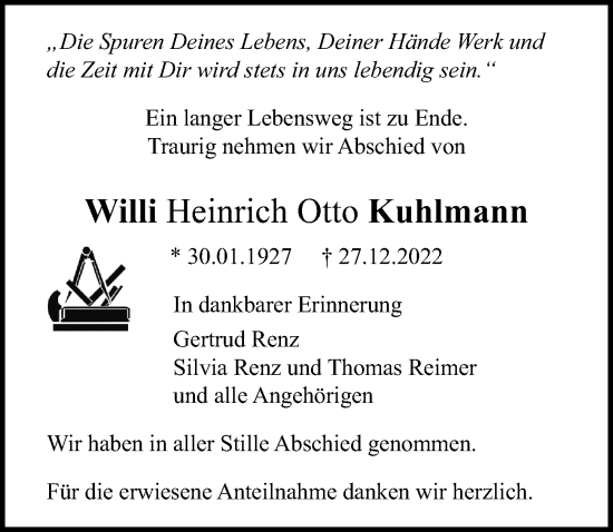 Traueranzeige von Willi Heinrich Otto Kuhlmann von Lübecker Nachrichten
