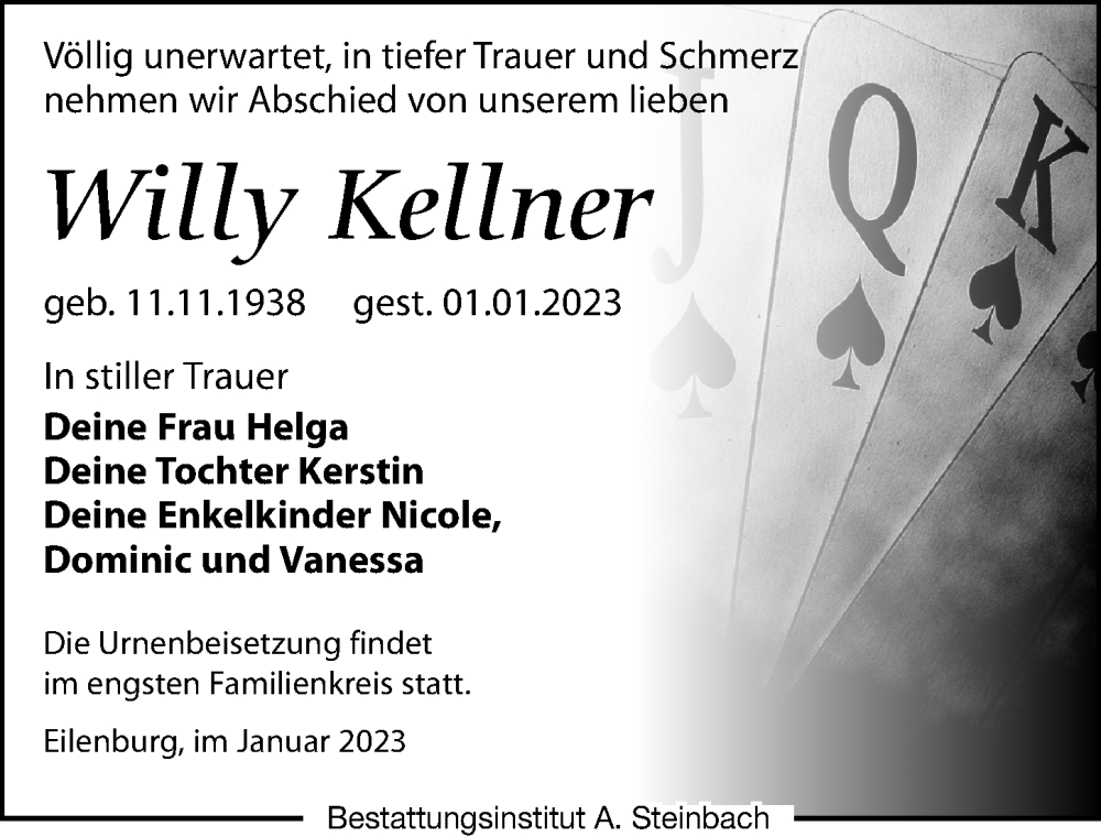  Traueranzeige für Willy Kellner vom 07.01.2023 aus Leipziger Volkszeitung