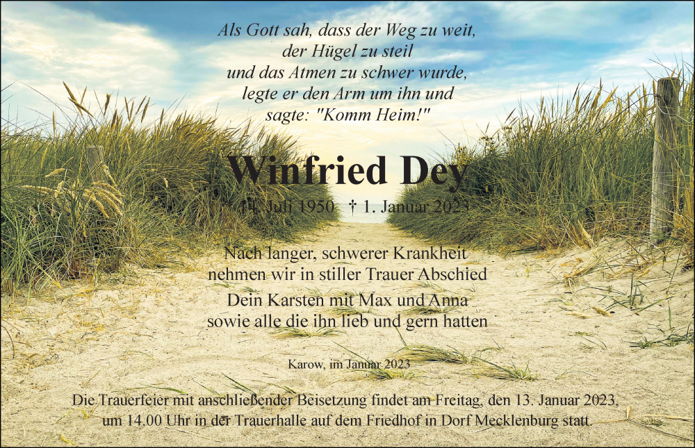  Traueranzeige für Winfried Dey vom 07.01.2023 aus Ostsee-Zeitung GmbH