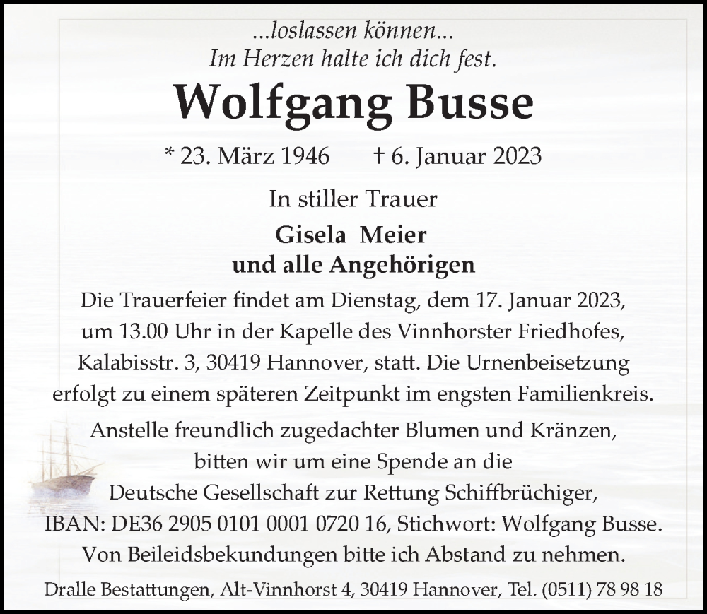  Traueranzeige für Wolfgang Busse vom 14.01.2023 aus Hannoversche Allgemeine Zeitung/Neue Presse