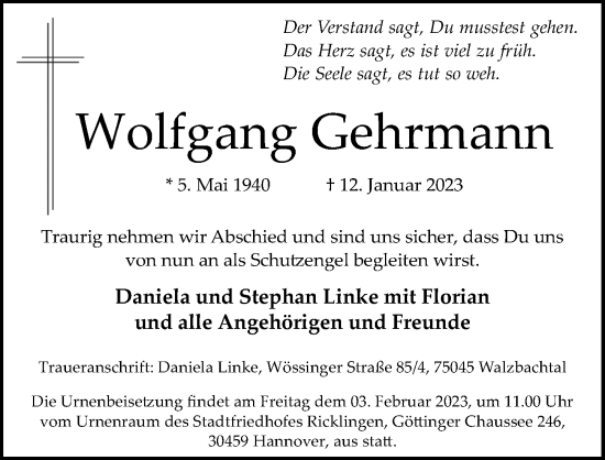 Traueranzeige von Wolfgang Gehrmann von Hannoversche Allgemeine Zeitung/Neue Presse