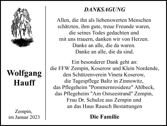 Traueranzeige von Wolfgang Hauff von Ostsee-Zeitung GmbH