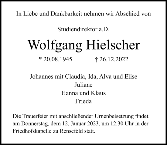 Traueranzeige von Wolfgang Hielscher von Lübecker Nachrichten